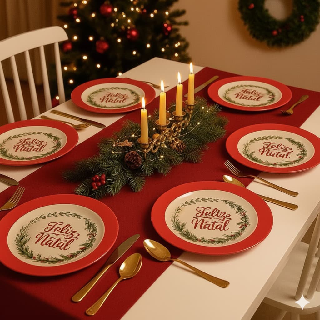Kit 6 Pratos Redondos Natal 25cm Melamina Vermelho Ou Verde Jantar Ceia Festas Decoração Natalina