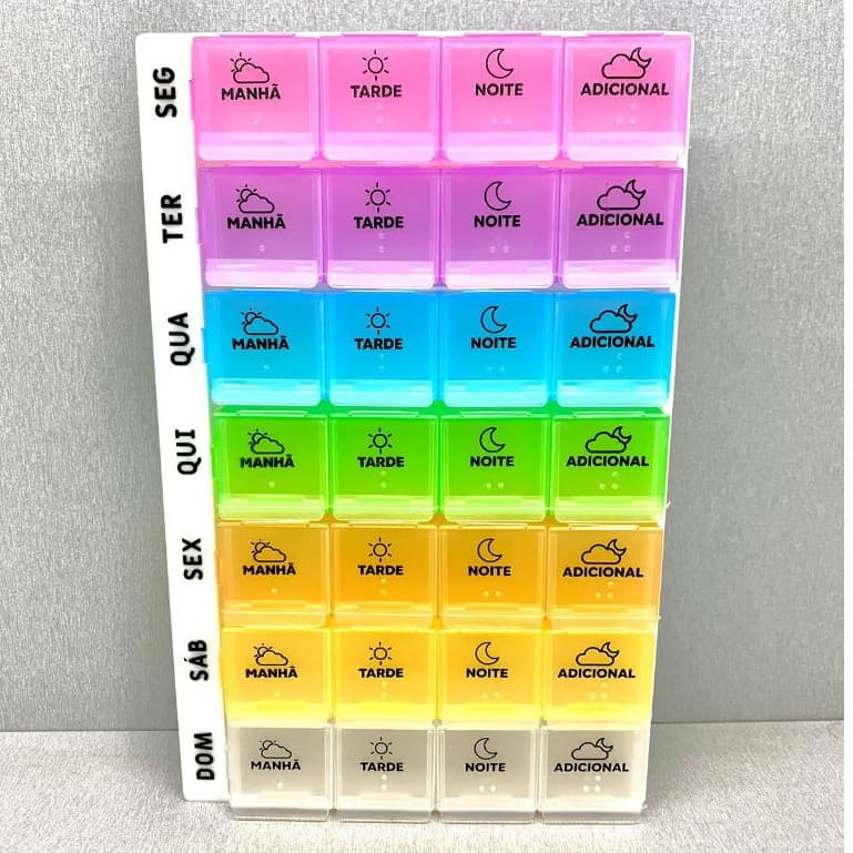 Porta Comprimidos Semanal 11x18cm Com 28 Compartimentos Multicoloridos Útil Prático Remédios
