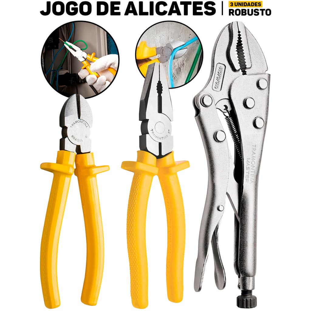 Kit Tramontina 3 Alicates Profissionais Aço Forjado Corte 6"Universal 8"Pressão 10"C/ Cabos PVC