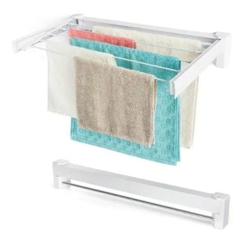 Varal Retrátil Dobrável 5 Varetas Parede Lavanderia Compacto Inox Branco 70cm Fácil Instalar
