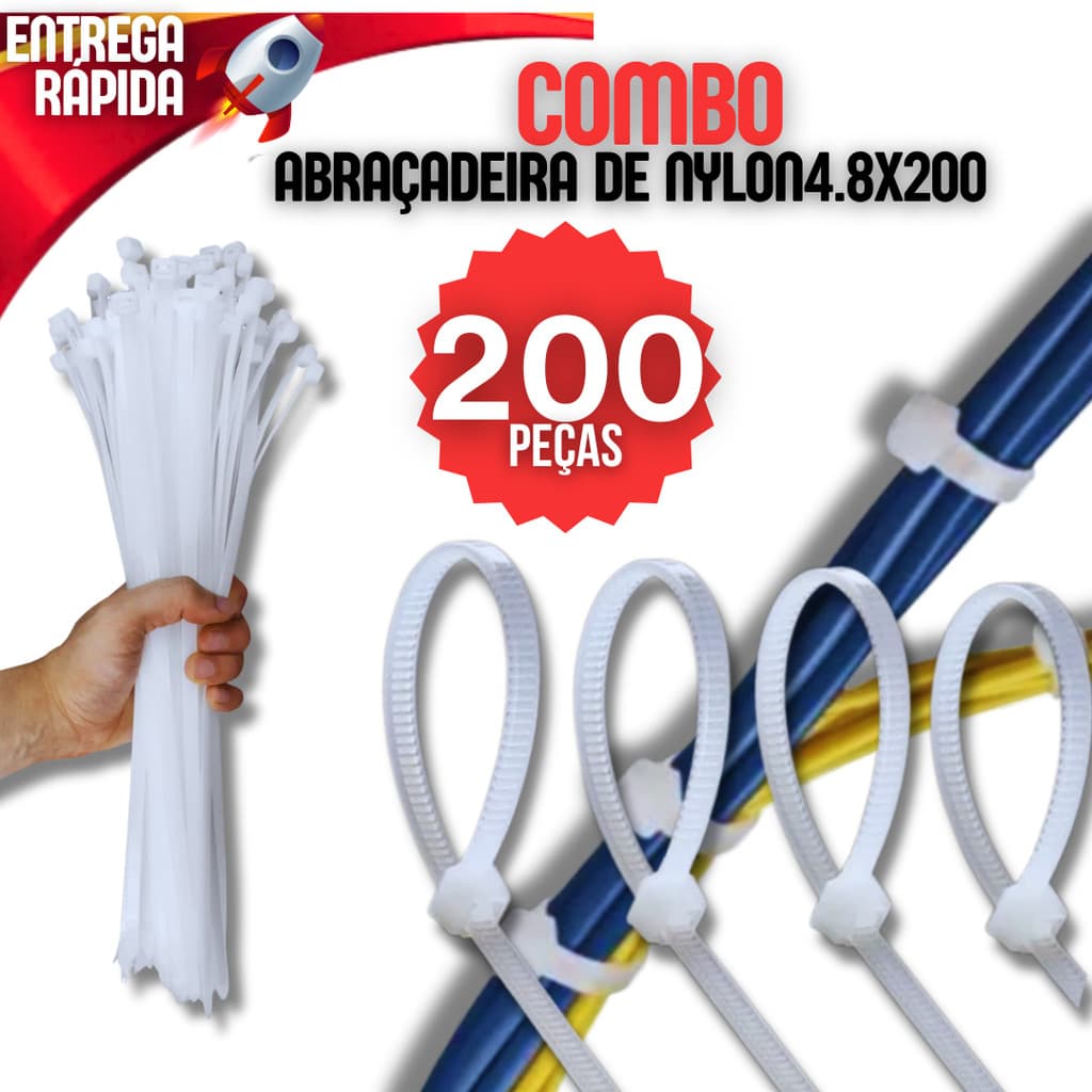Kit Jogo 200 Abraçadeira de Nylon Enforca Gato Braçadeira Cintas Plásticas Branca 4,8X200mm
