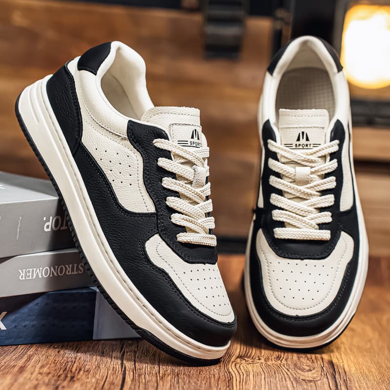 Couro genuíno branco sapatos masculinos 2026 novos sapatos casuais preto branco contraste cor tênis masculino All-Match