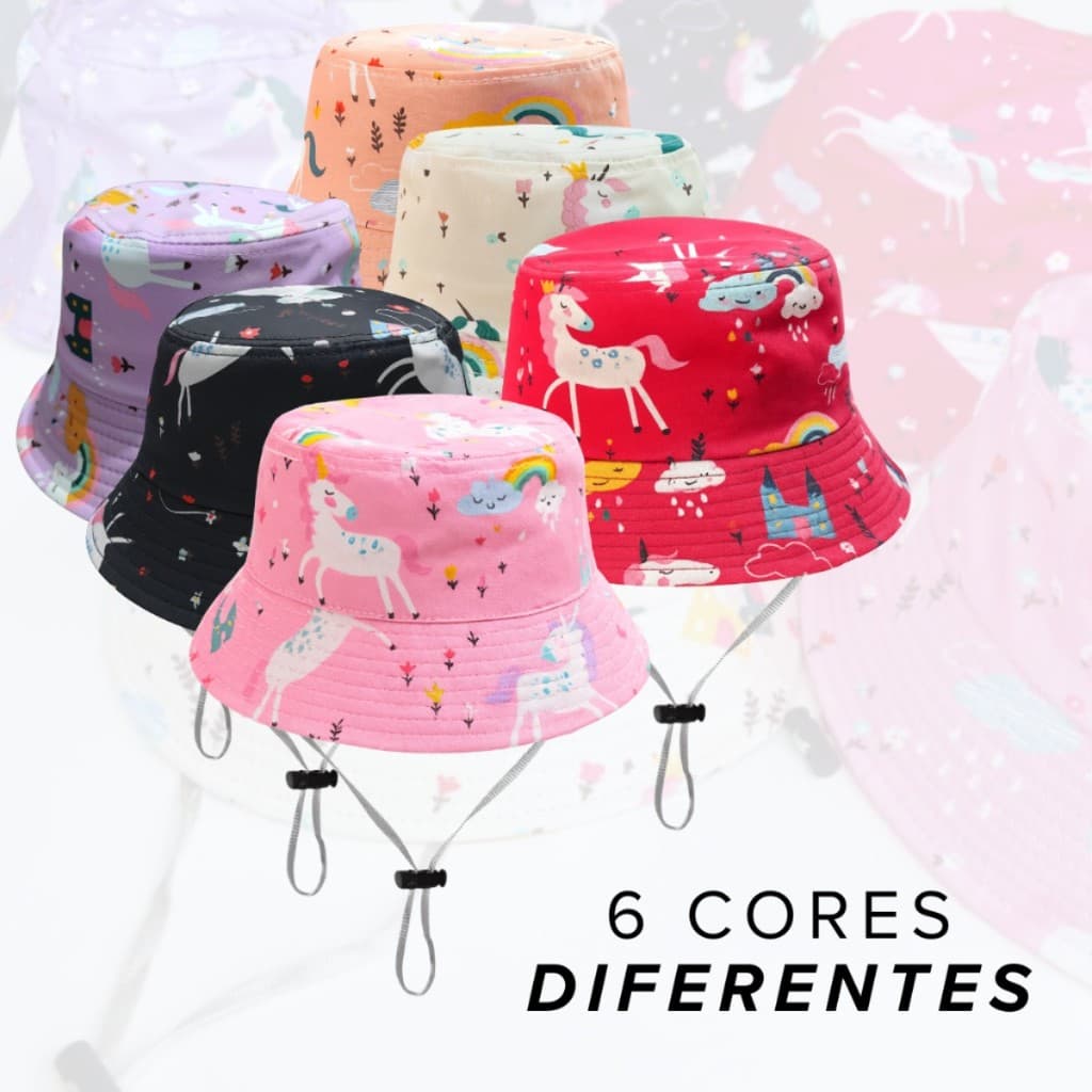 Chapéu Bucket Infantil Menina Estampa Unicórnio Proteção UV Solar Praia Piscina Com Regulagem Fita Interna