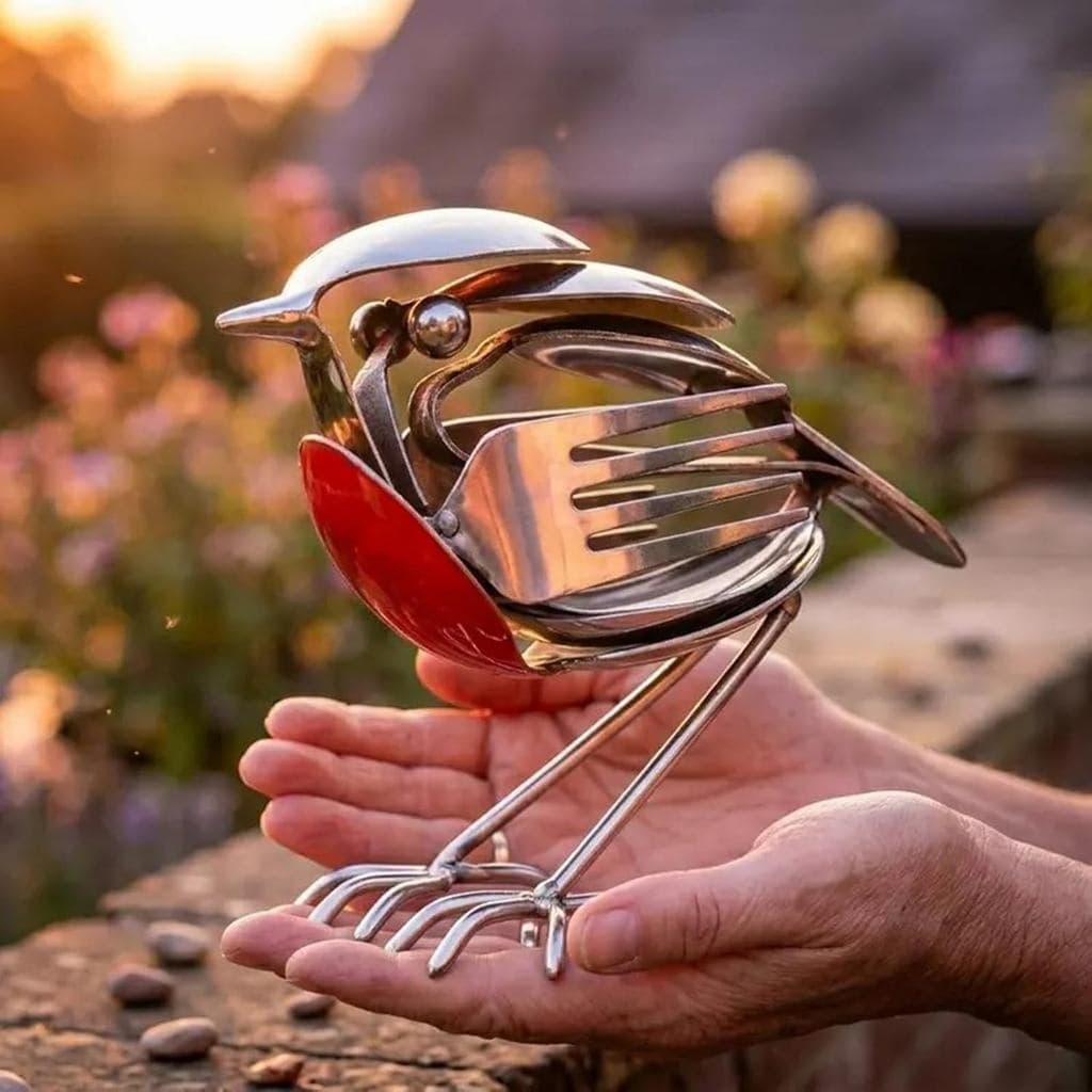 2pcsRusticRobinScrapMetalArtSculpture,HandcraftedFork&SpoonStatue,UniqueHomeDecorforGarden,Patio,orOfficeDesk,Decorative