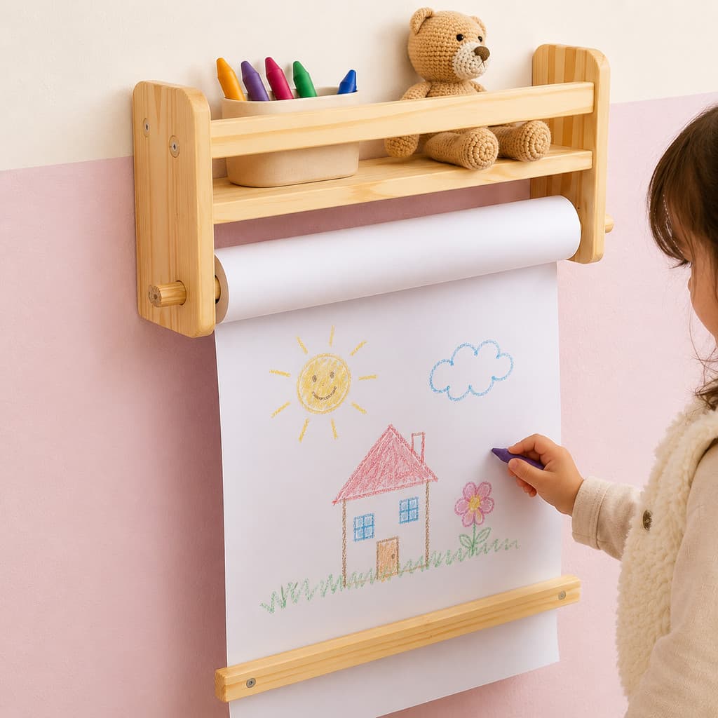 Porta Bobina de Madeira Infantil para Desenho  Pintura + Bobina de papel