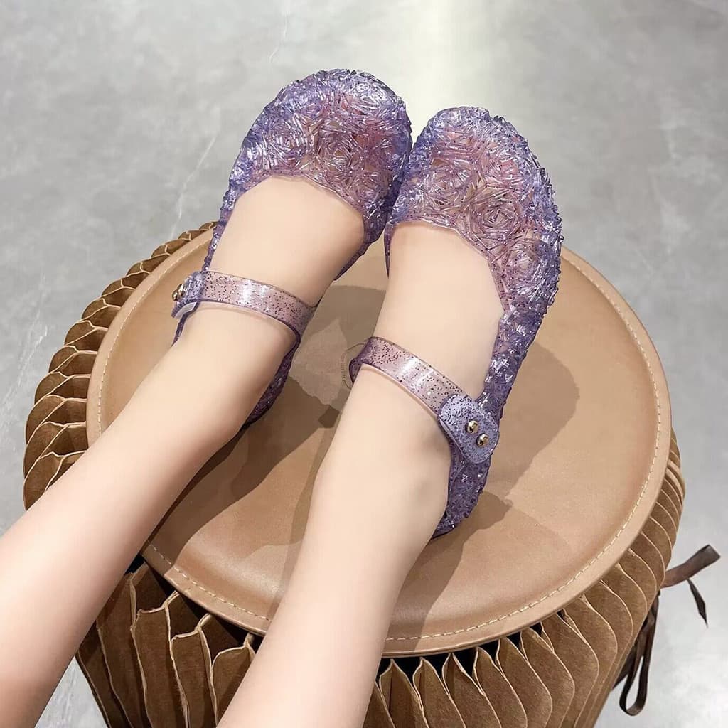Meninas sandálias com luzes 2026 verão na moda geléia sapatos respirável cristal toe-toe bebê princesa sapatos sola maci