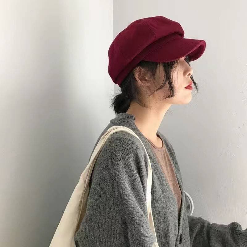 Vinho vermelho boina octogonal chapéu feminino outono inverno britânico Retro pico boné All-Match versão coreana moda pi