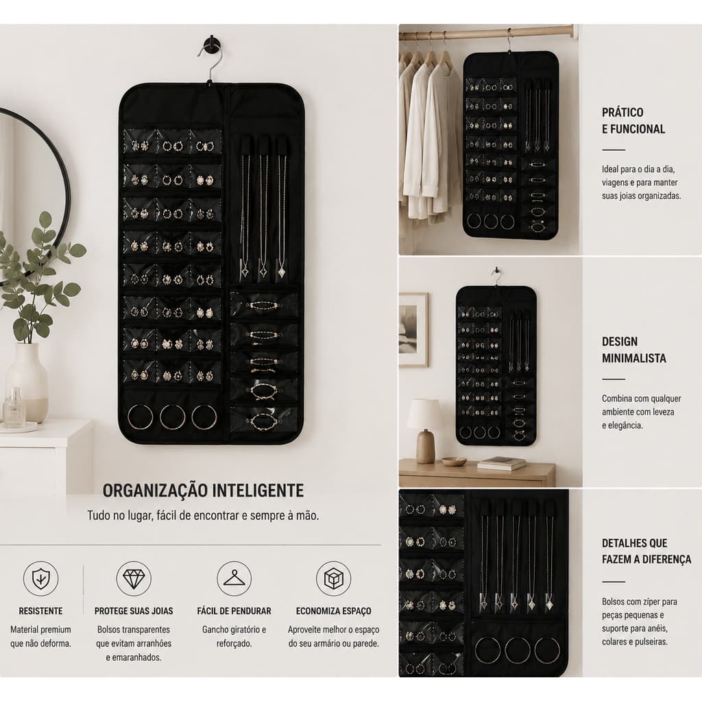 Porta Joias Para Pendurar Com Cabide Integrado Bolsos Transparentes Quarto Pronta Entrega Envio Rápido