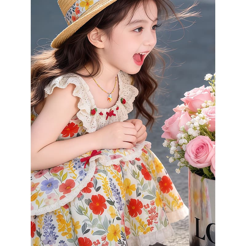 Meninas 2026 verão doce estilo feminino sem mangas vestido Floral babados cintura estreita saia inchada dopamina