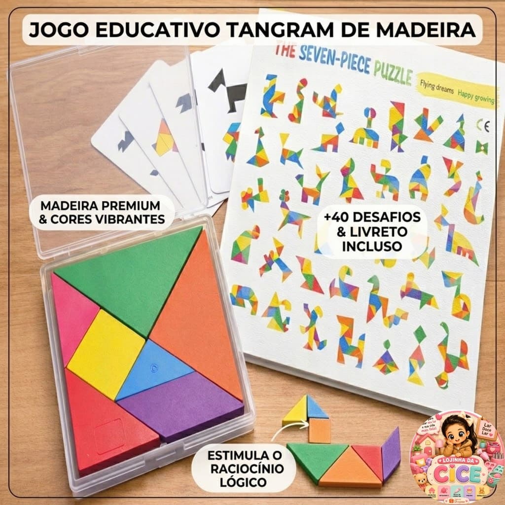 Jogo Educativo Tangram Infantil Madeira Colorido Jogo de Inteligência e Raciocínio Lógico+ de 40 Formas