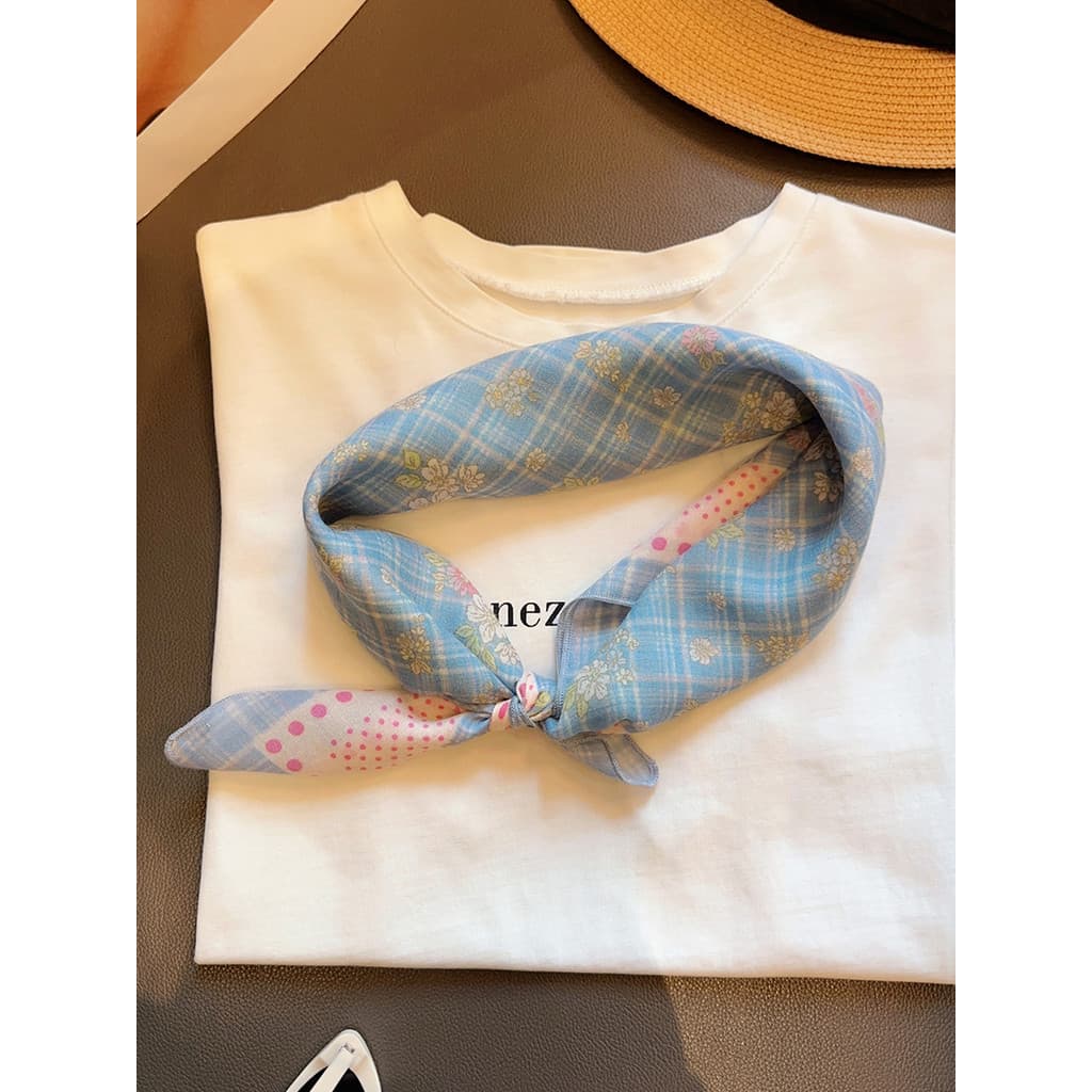 Nevoeiro azul flor período macio algodão linho pequeno lenço quadrado feminino primavera verão novo estilo estilo literá