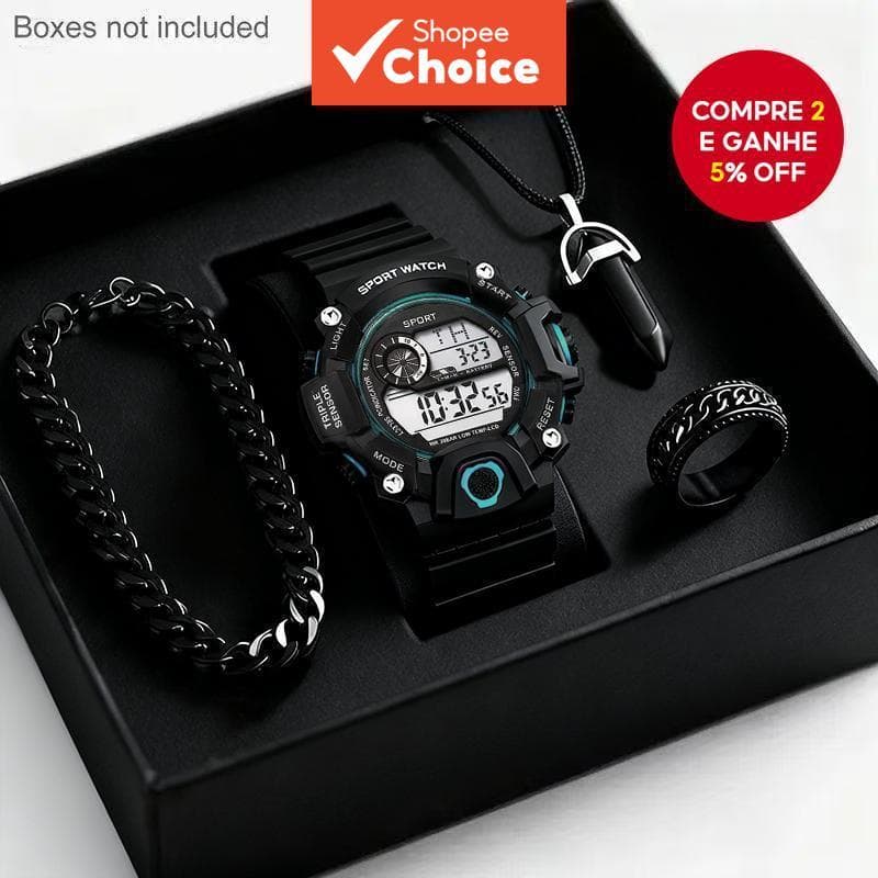 Relógio Digital Para Homens E Conjunto De Joias , Esportivo Ao Ar Livre , Com Pulseira De Corrente Cubana , Colar Anel P