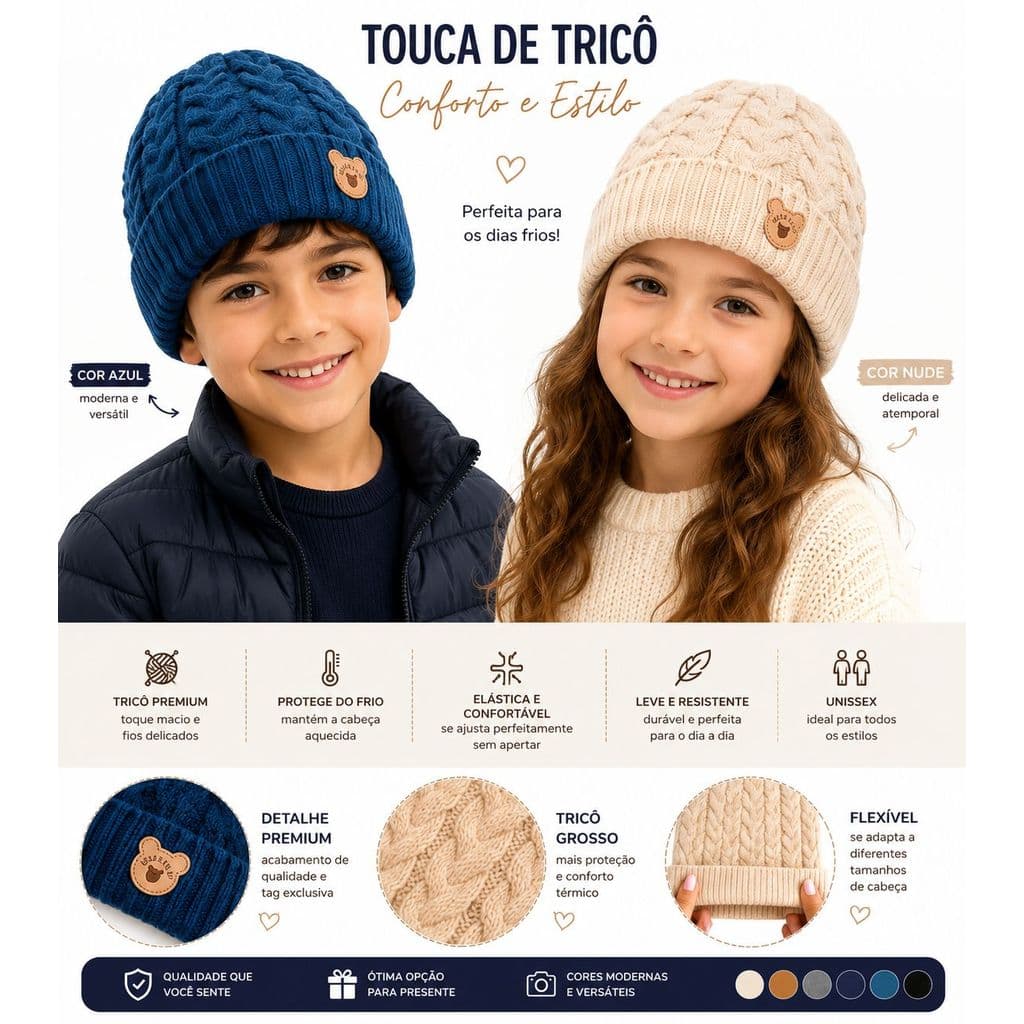 TOUCA INFANTIL UNISSEX FORRADA INVERNO ESTILOSA 2 A 12 ANOS