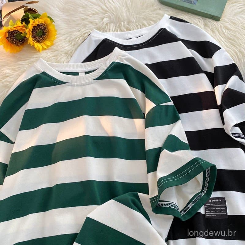 Casal ins listrado camiseta de manga curta solta estilo japonês Hong Kong puro algodão topo verão na moda All-Match meia