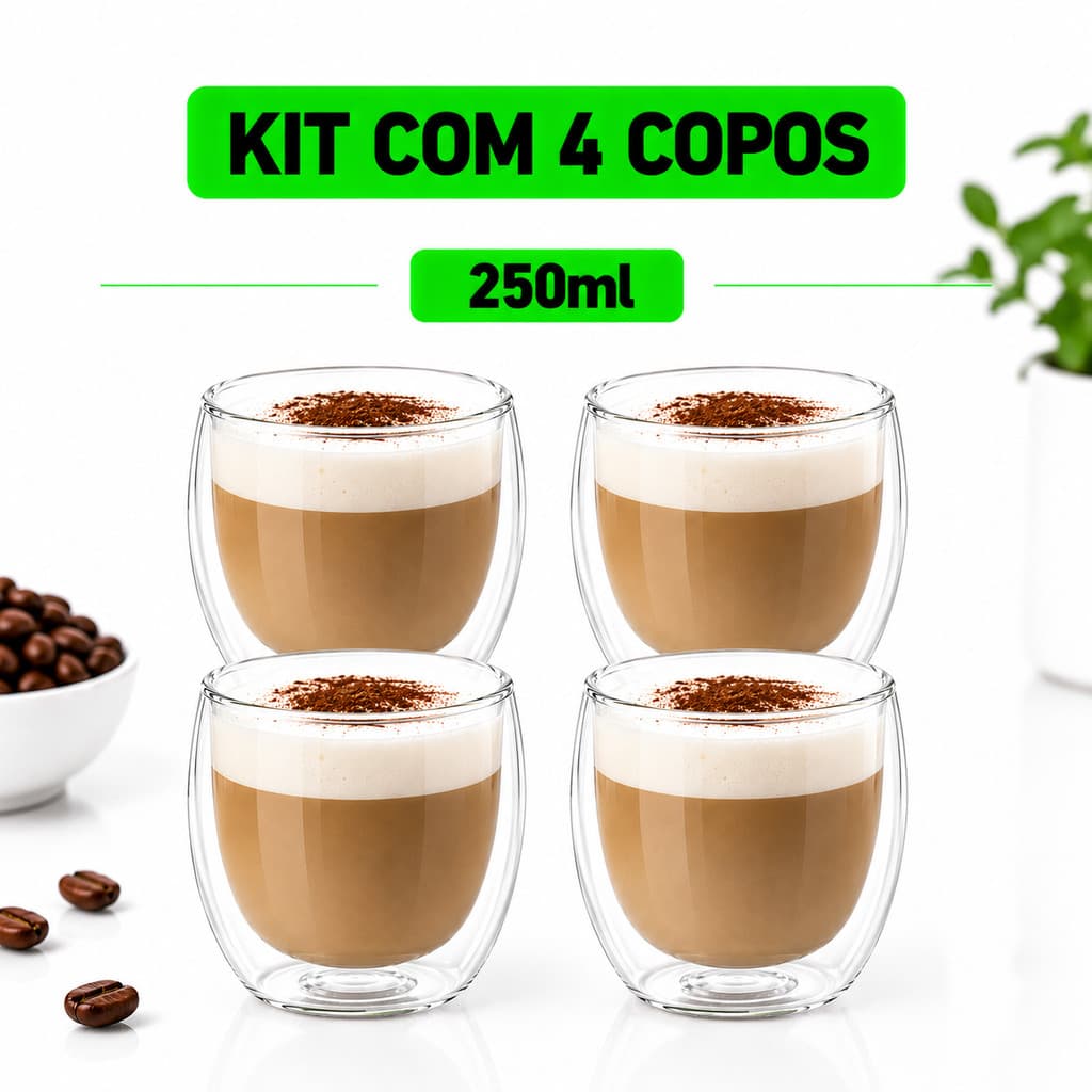 Copo Parede Dupla Vidro Borossilicato 100ml e 250ml - Kit 2 ou 4 Copos Café Chá Cappuccino