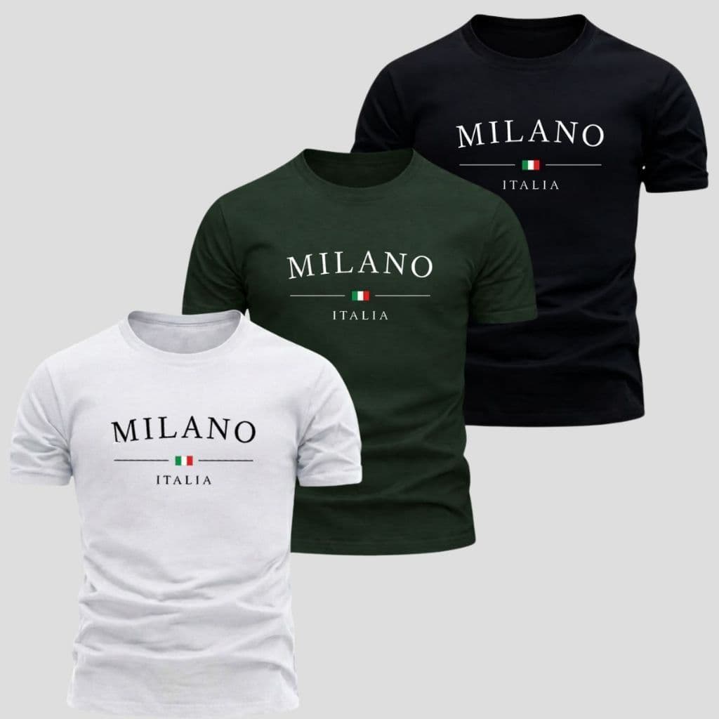 Kit 3 Camiseta Masculina 100% Algodão Premium Camisa Milano Streetwear Blusa Gola Lançamento