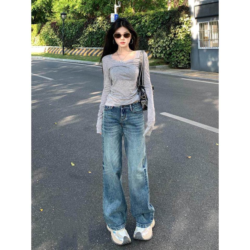 Vfvk Retro Jeans de cintura baixa feminino verão 2026 novo estilo mais magro olhar americano High Street solto em linha