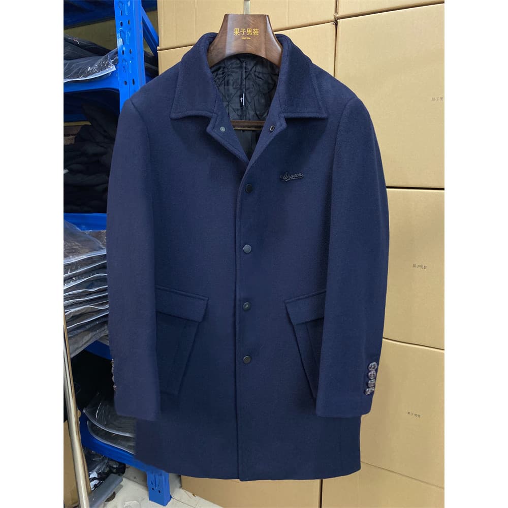 Casaco de lã pura lapela outono inverno masculino negócios Casual acolchoado casaco azul marinho blusão de comprimento m