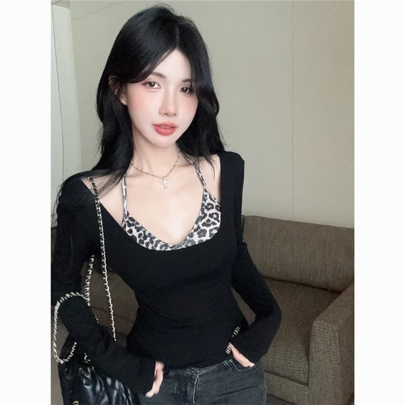 Design sentir falso de duas peças magro Halterneck leopardo impressão camiseta senhoras primavera outono moda curta cint