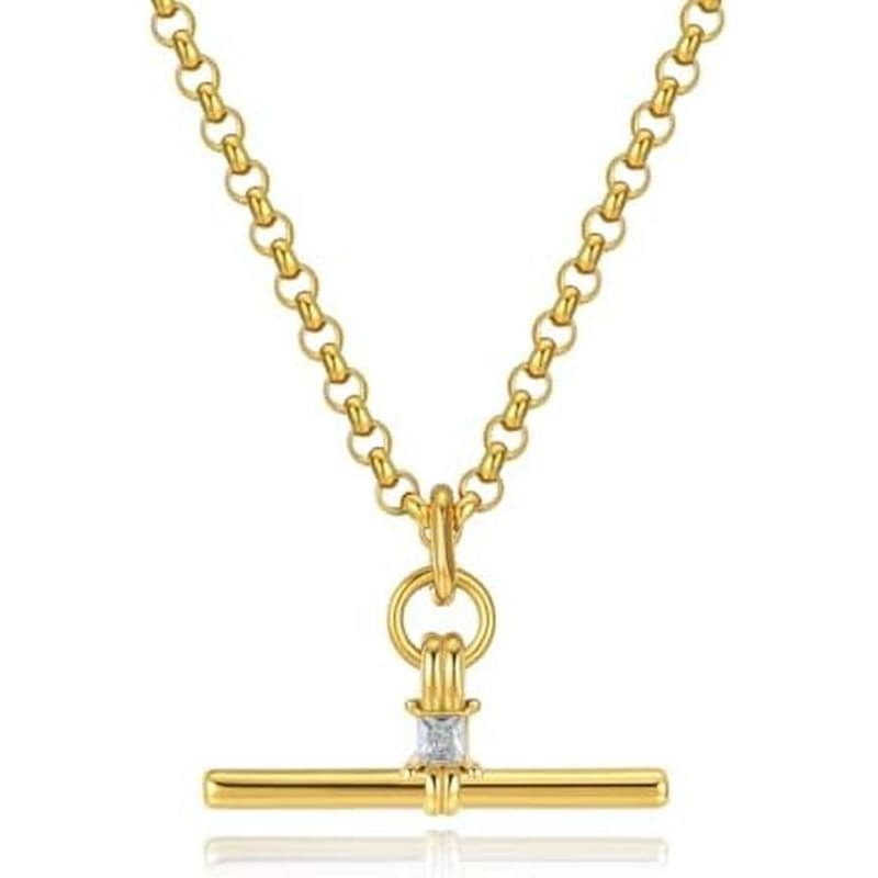 Ouro & amp ; Colar De Barra De Prata Para Mulheres , Horizontal De Aço Inoxidável Banhado A Real 18K , Pingente CZ De Hi