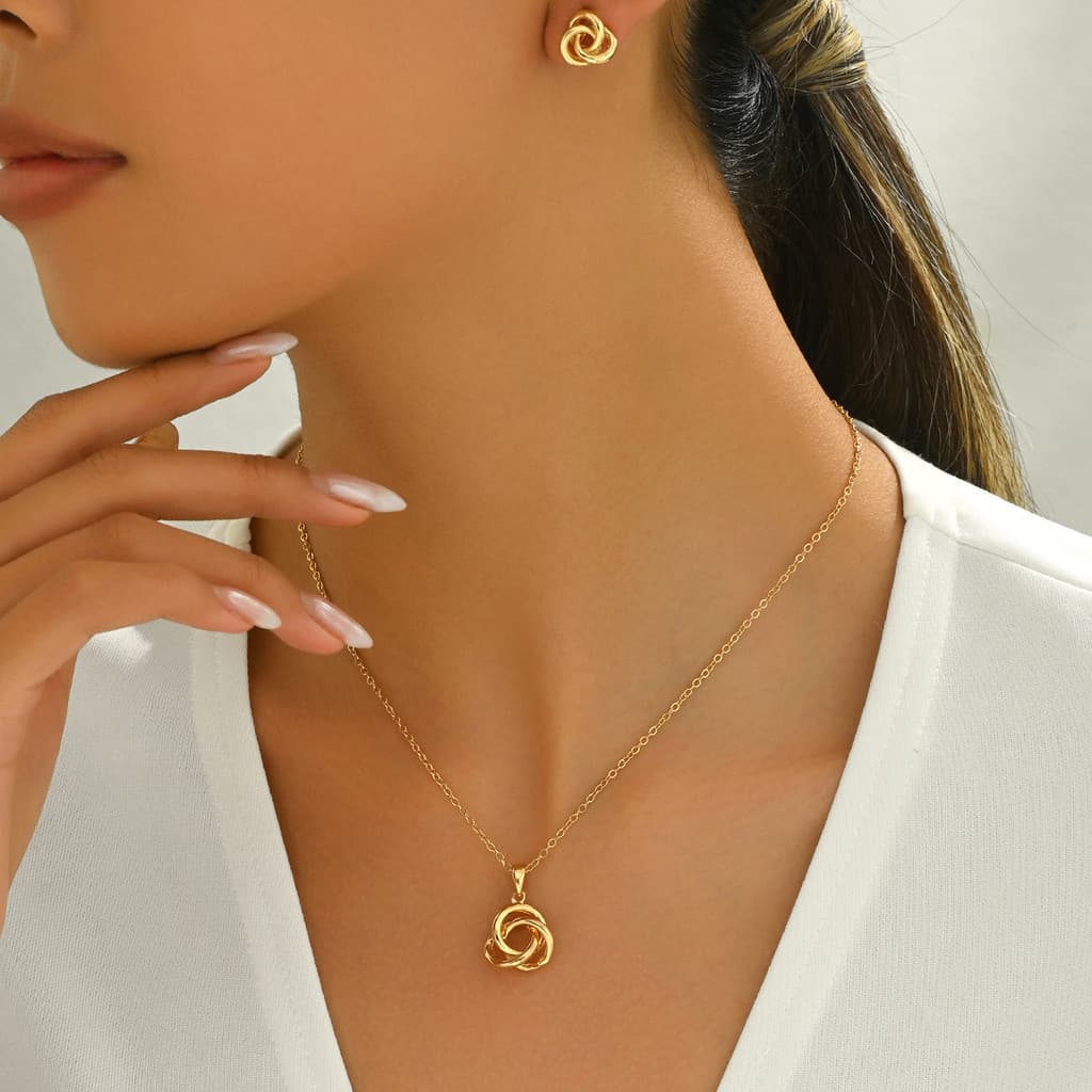 [Estoque pronto] Conjunto de colar feminino estilo Metal, anel geométrico, enrolamento, brincos combinados, corrente lon