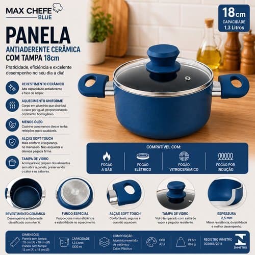 Panela Antiaderente Ceramica Cozinha Tampa Vidro 18cm Azul Resistente Duravel Facil Limpeza