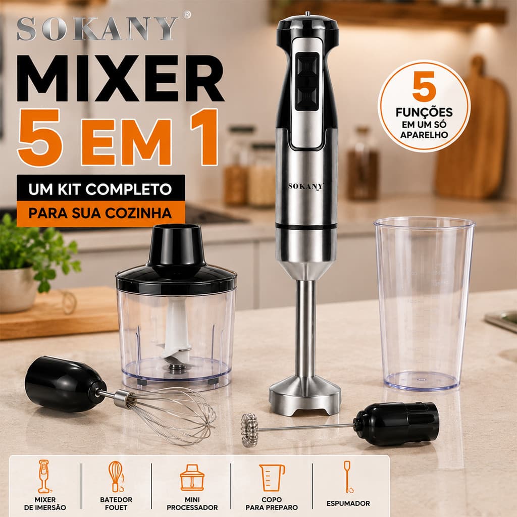 Mixer De Mão Sokany 5 Em 1 127V 1000W Com Processador Copo Fouet Espumador Haste Inox 600 Ml Cozinha