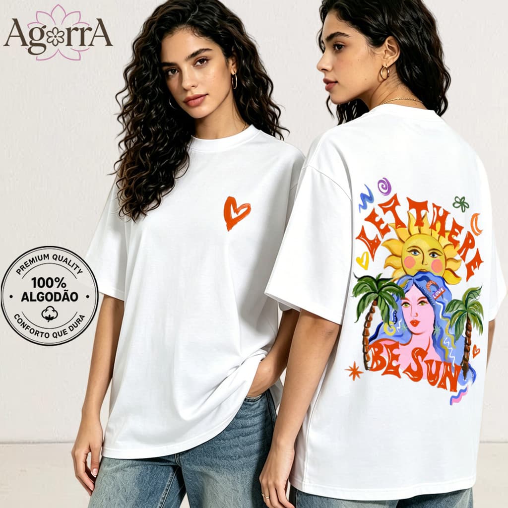 Camiseta Algodão Estilo Brasileiro Verão Estampa Dupla Sol Arte Colorida Confortável Tamanhos P ao G3 Completa