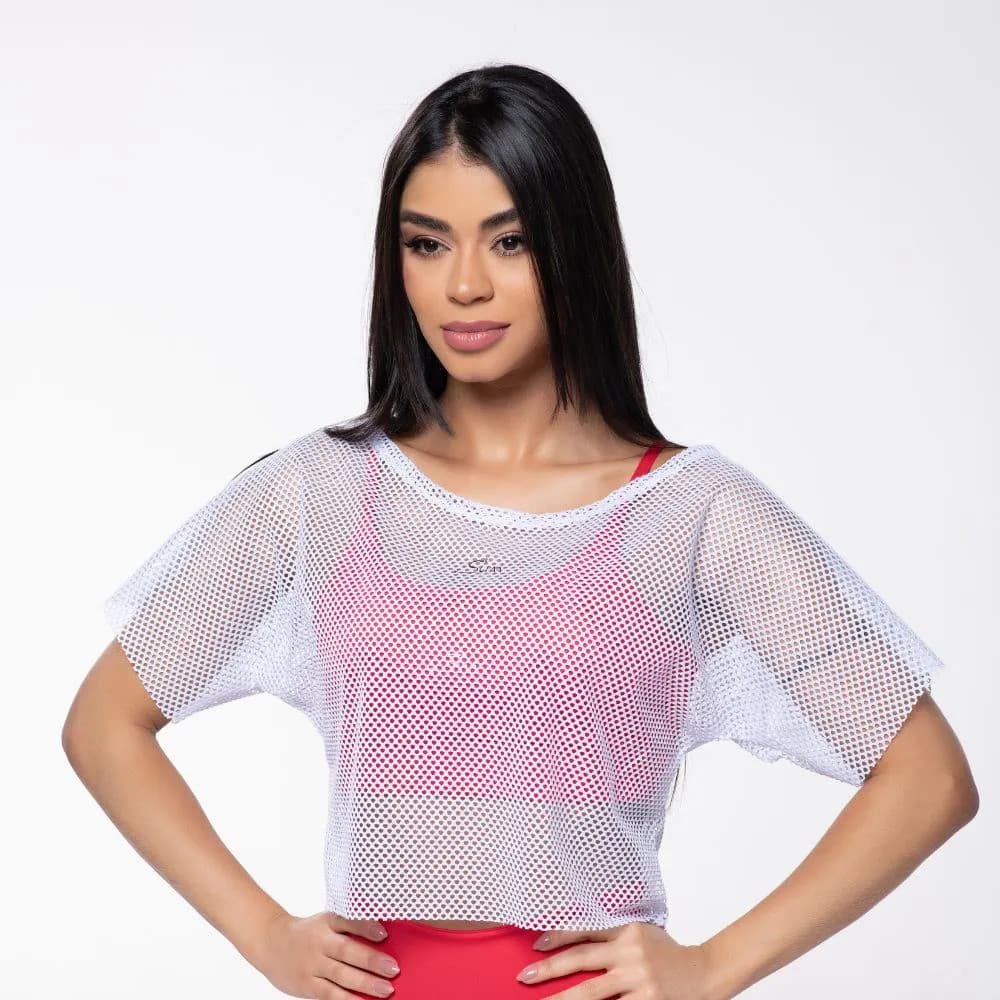 Blusa Cropped Telinha Arrastao Transparente Academia Fitness Camiseta Mesh Top Verao Manga Curta