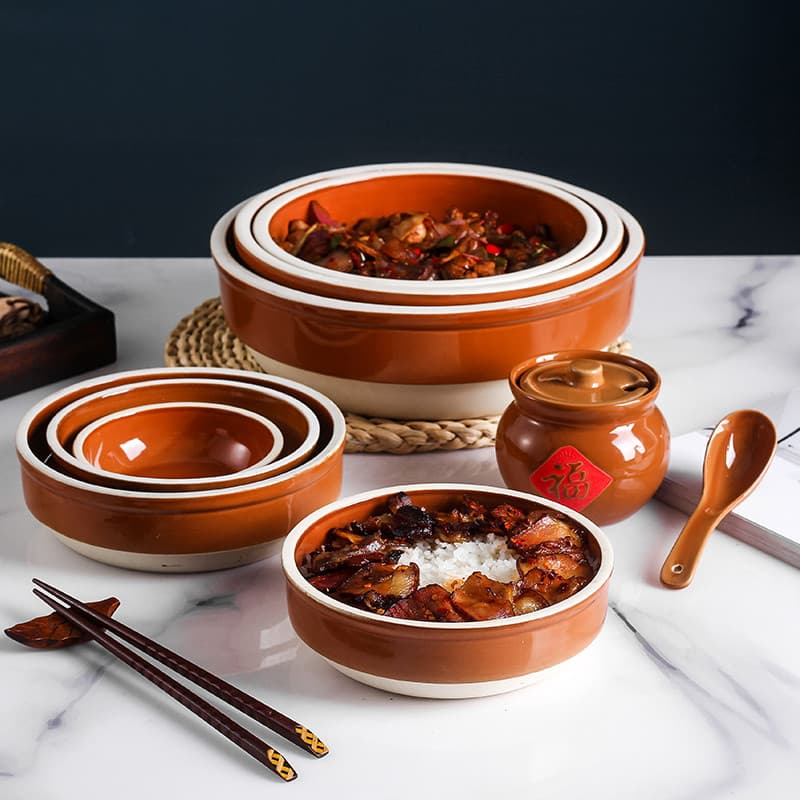 Tigela de arroz cozido no vapor de cerâmica espessada Tigela de vapor doméstica retrô à moda antiga Tigela de arroz