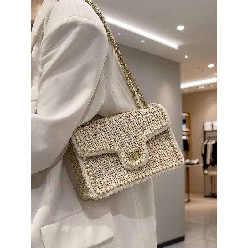 Bolsa de Ombro Elegante com Detalhes em Pérolas Falsas e Trança de Palha, Bolsas Transversais 2025, Bolsa Transversal co