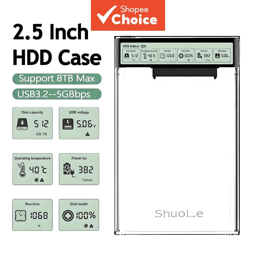 2,5'' Gabinete SSD HDD Inteligente, Display Externo, Enclausuramento USB 3.2 Gen2, Caixa de Armazenamento Portátil