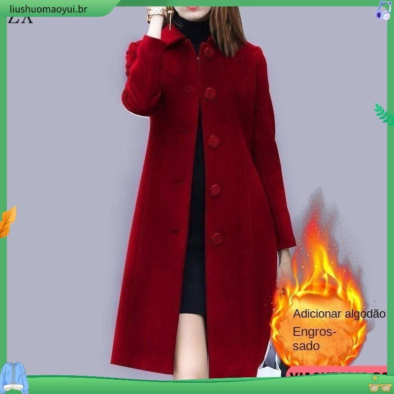 Sobretudo Elegante De Cor Sólida Para Lã Legal Lapela 2024 Casual Outono/Inverno Plus Size Feminino E # 39 ; s Casaco Lo