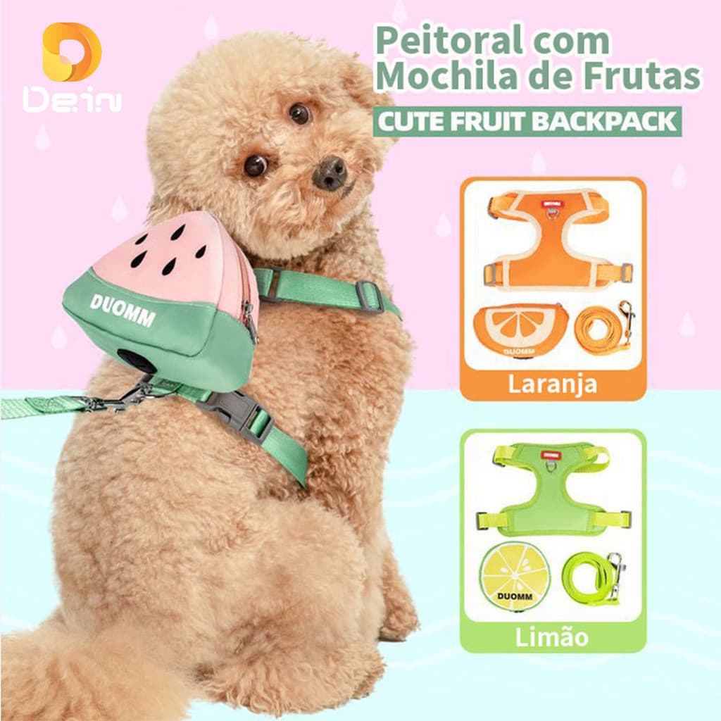 Peitoral com Mochila Estampa de Frutas para Cães – Ajustável com Guia, Conforto e Segurança