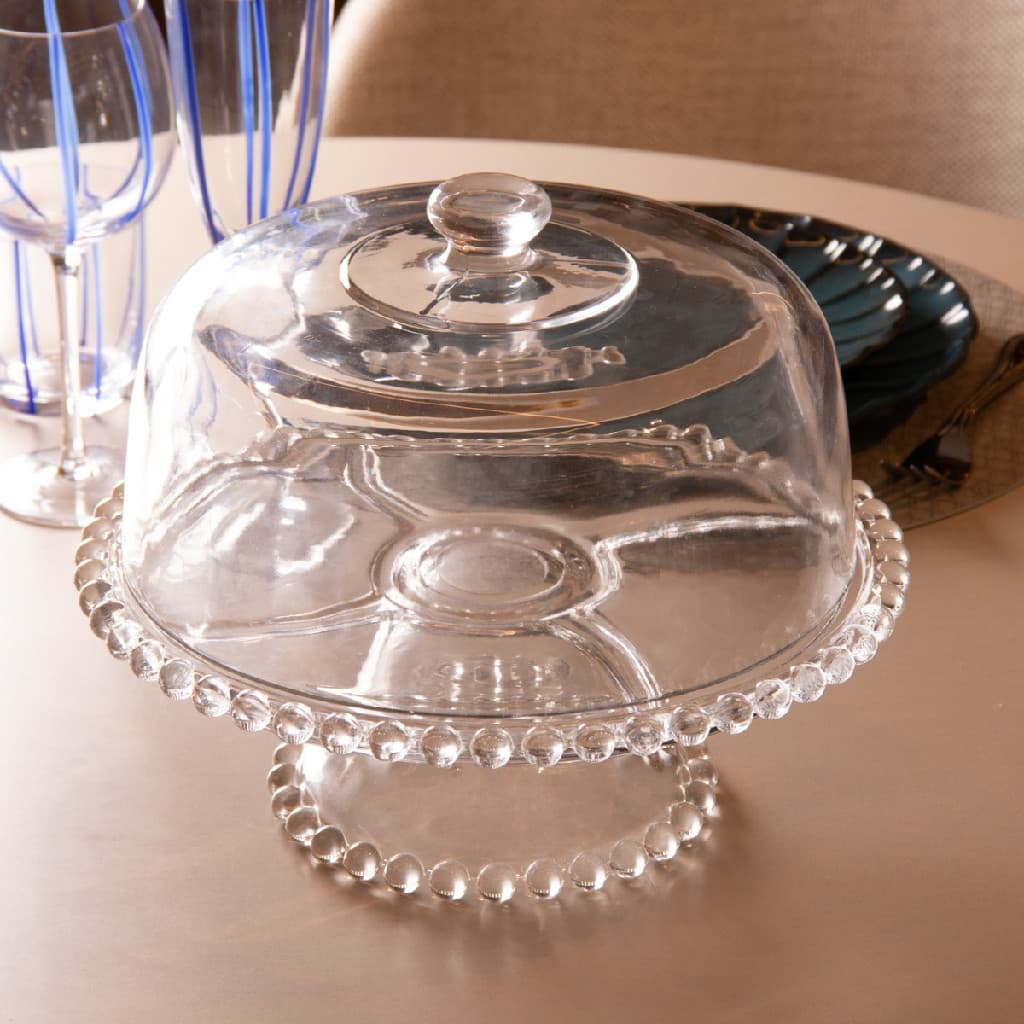 Boleira Wolff Pearl Grande Poncheira Saladeira Petisqueira Transparente Luxo Mesa Posta Bolinhas 3 em 1 Prato com Pé