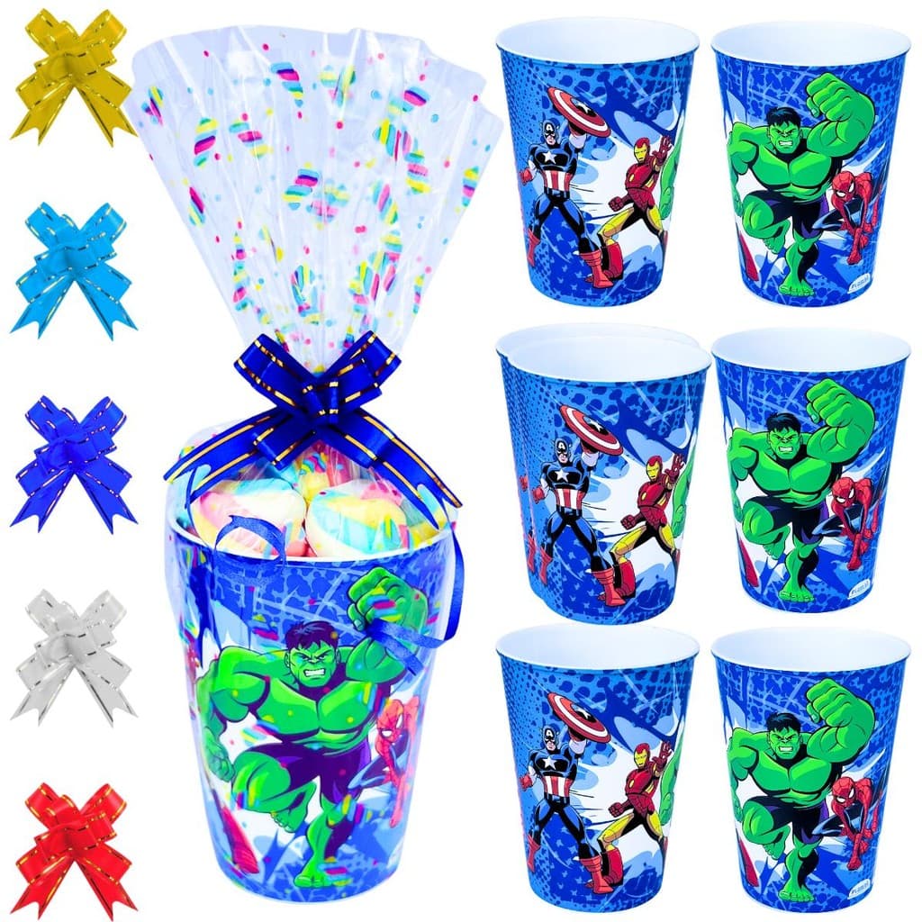 Kit Lembrancinha Vingadores 10 Copos Festa Aniversário Heróis da Marvel Homem Aranha, Hulk, Thor