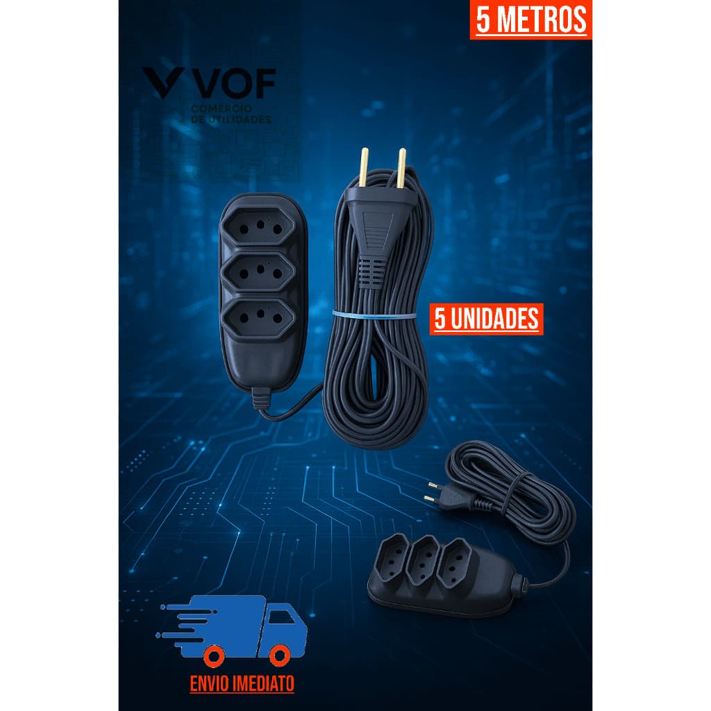 Kit 5 Extensão Elétrica 5 Metros Tomada Bivolt 110v 220v Cabo Prolongador Resistente Uso Diário