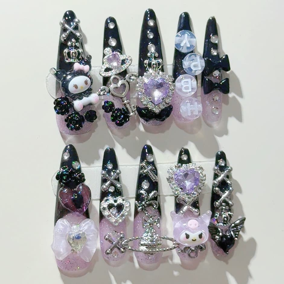 Preto Roxo Kuromi Jirai Kei Artesanal Imprensa Em Unhas Doce Arco Esguiado Coração Rosa Planeta Diamante Falsas Bonito G