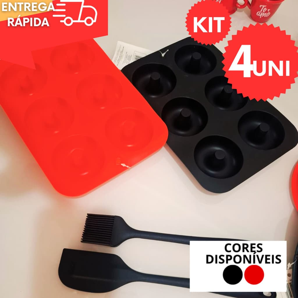 Kit Donuts Confeitaria Silicone 4 Peças Forma + Espátula + Pincel Alta Temperatura
