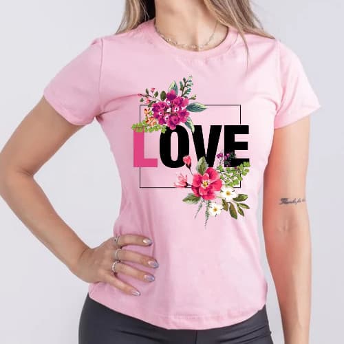 Camiseta Baby Look Algodão Love Casual Moda Cores