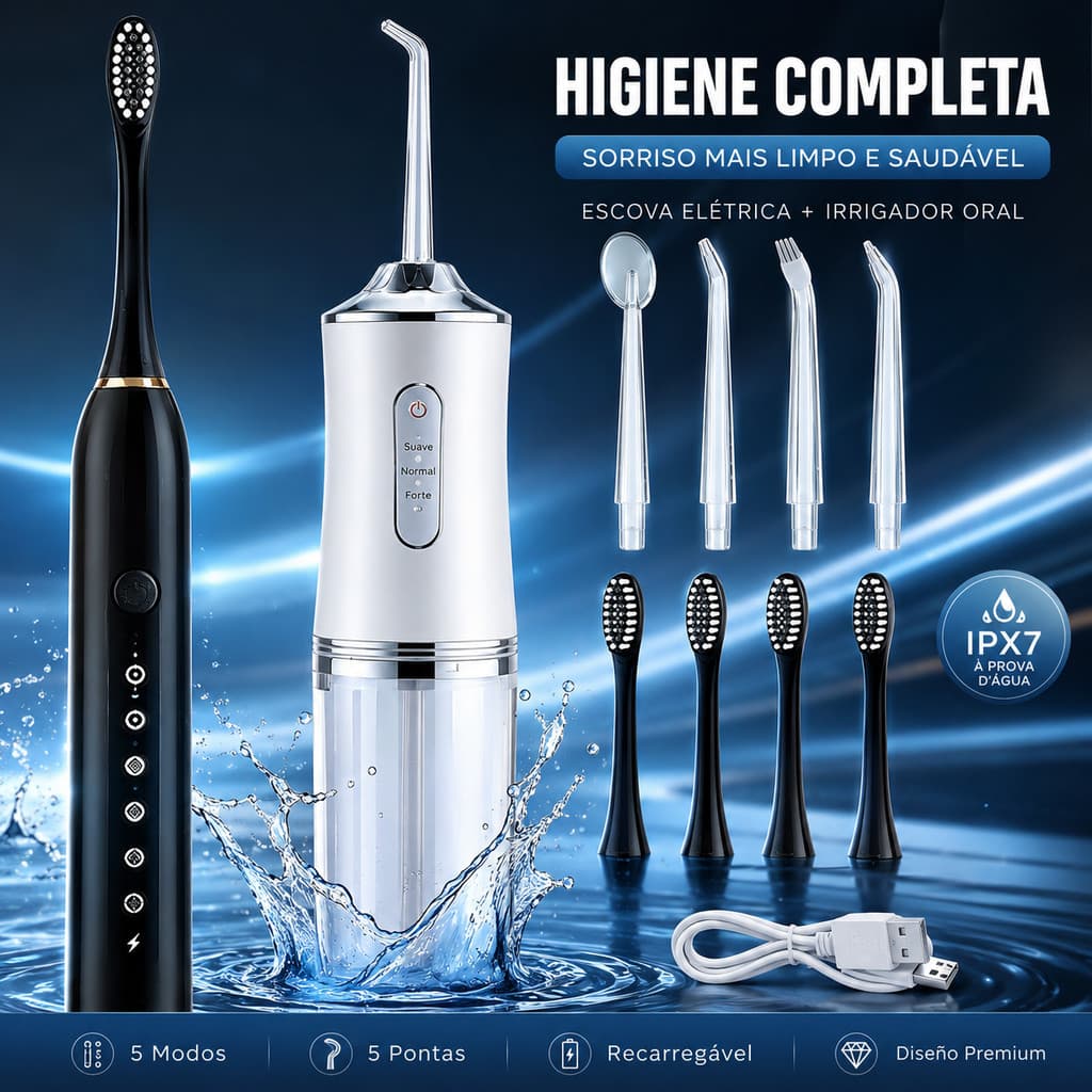 Kit Higiene Bucal Completo: Escova Elétrica Sonic + Irrigador Oral Recarregável IPX7
