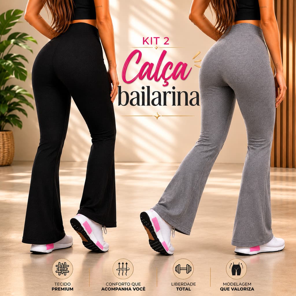 Kit 2 Leggings Flare Femininas Bailarina Boca de Sino Academia Fitness