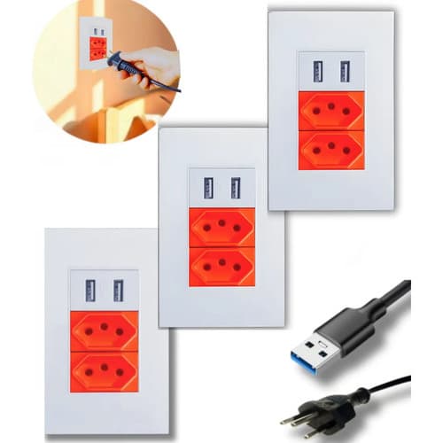 Kit 3 Tomadas Dupla 20a Com 2 Entradas Usb Carregador Turbo