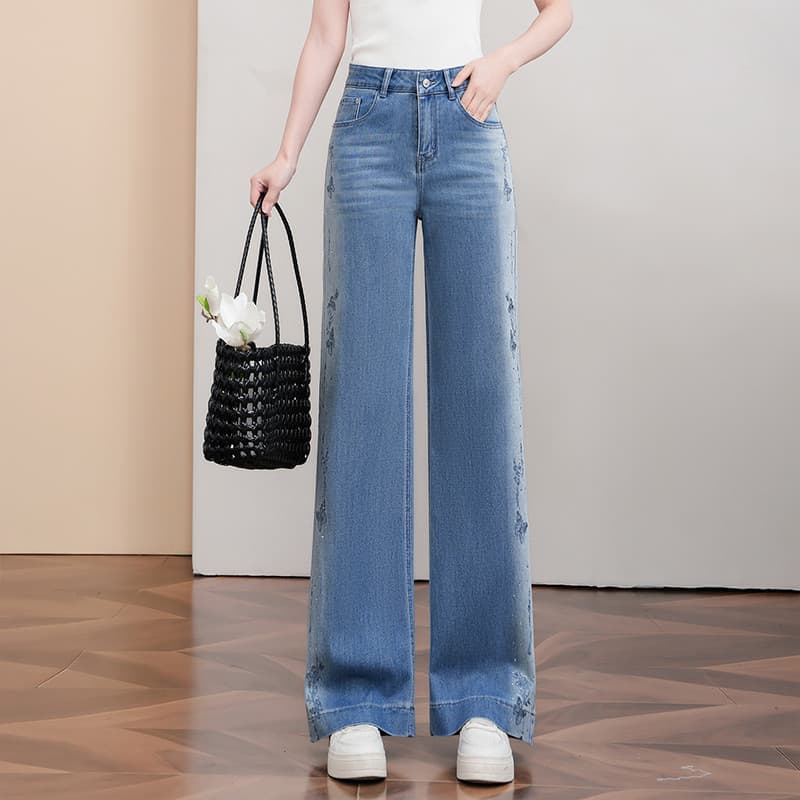 Verão estilo fino Tencel algodão Drape respirável cintura alta mais magro olhar quente diamante bordado em linha reta li