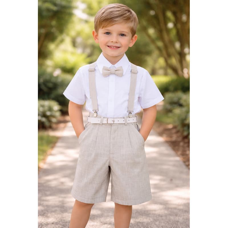 Conjunto infantil social menino suspensório gravata borboleta verão 5 peças