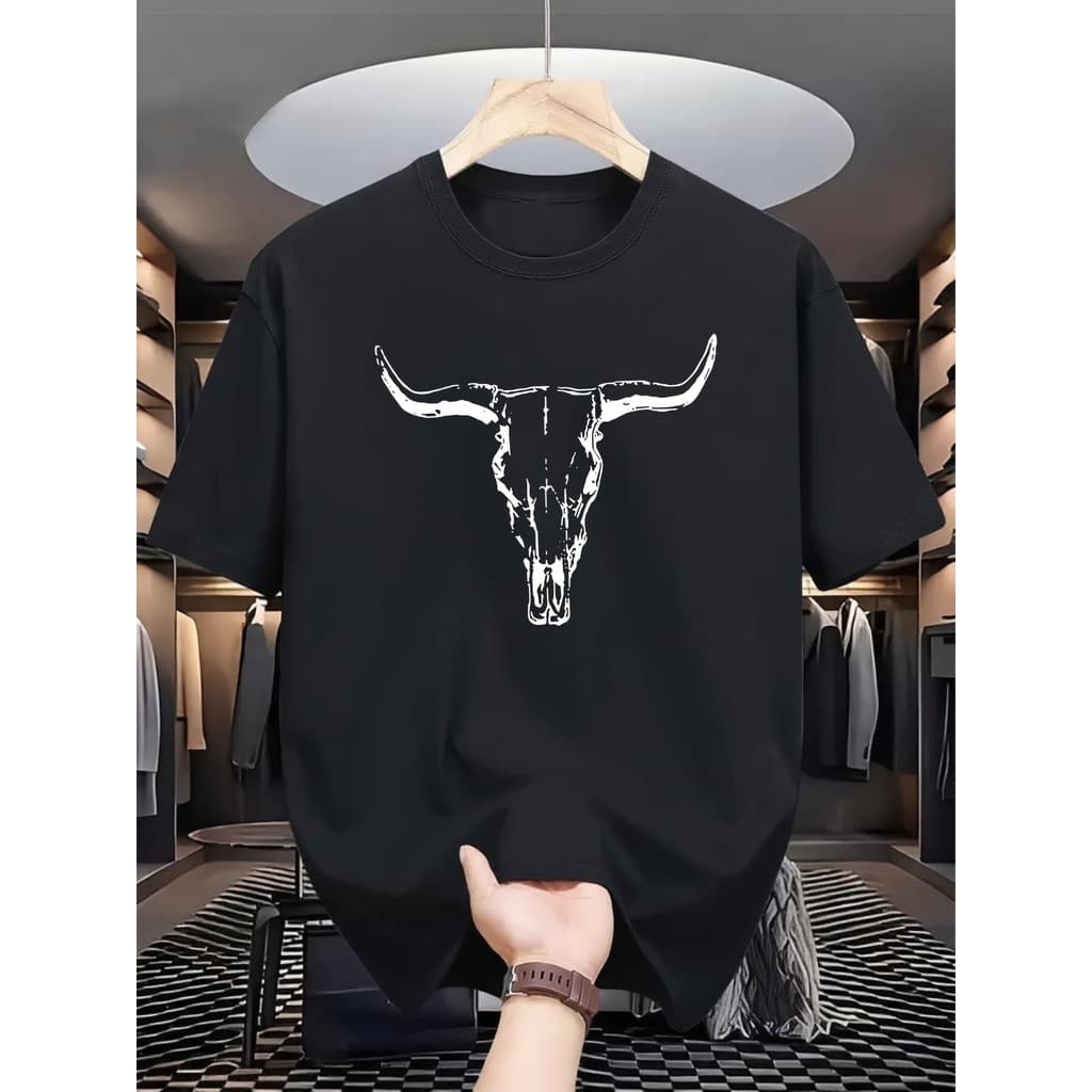 T-shirt de Manga Curta Casual de Verão Camiseta Estampada  Caveira de Vaca para Homem Confortável e Versátil Respirável