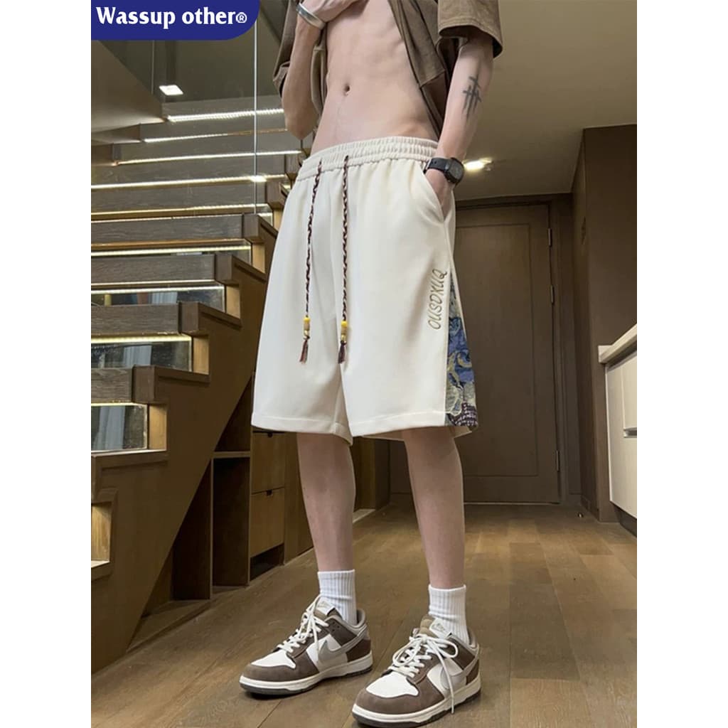 WASSUP OUTRO estilo chinês bordado costura Shorts masculino verão estilo fino reto solto esportes calças cortadas