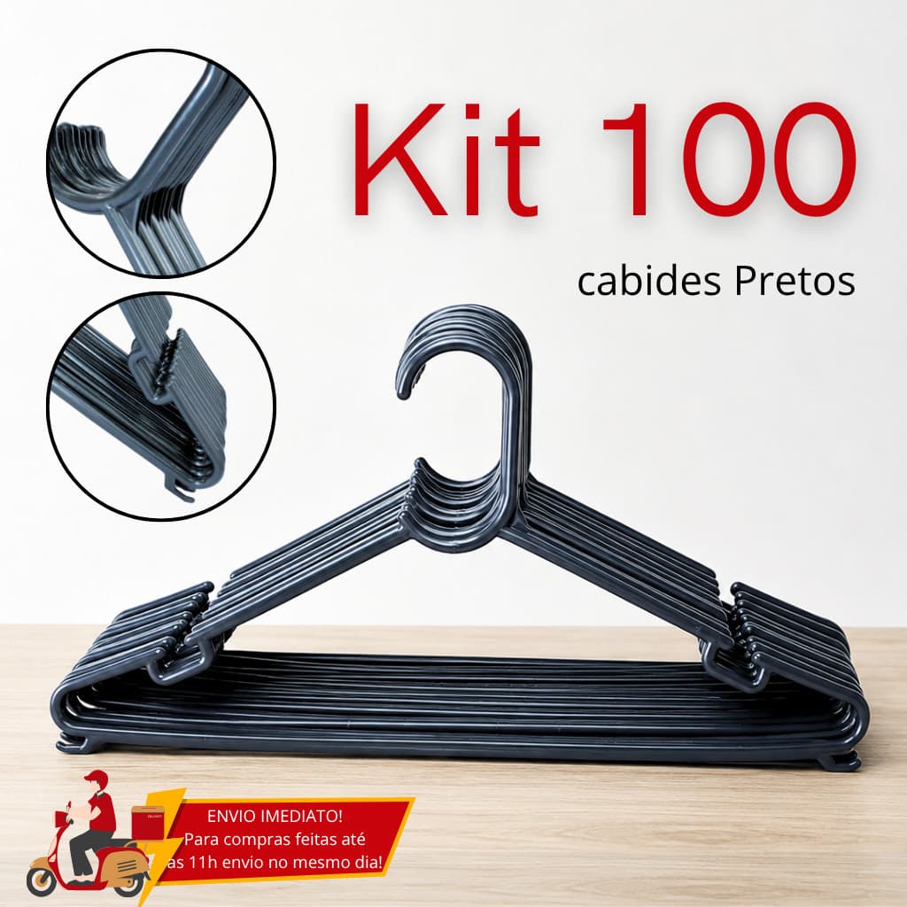Kit 100 Cabides Adulto Preto Reforçado Direto do Fabricante