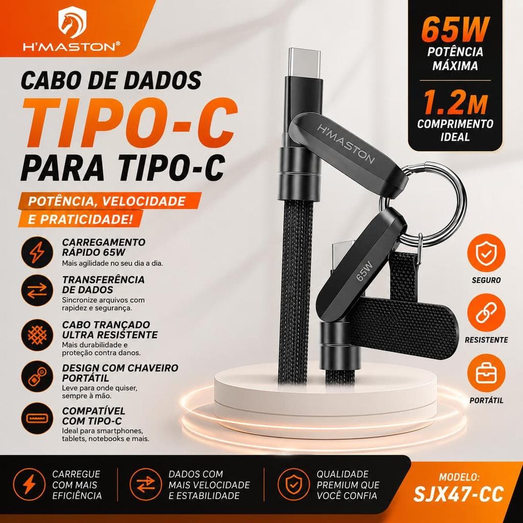 Cabo Carregamento Rápido 65W USB-C para USB-C / 27W USB-C para iPhone 1,2m Com Alça