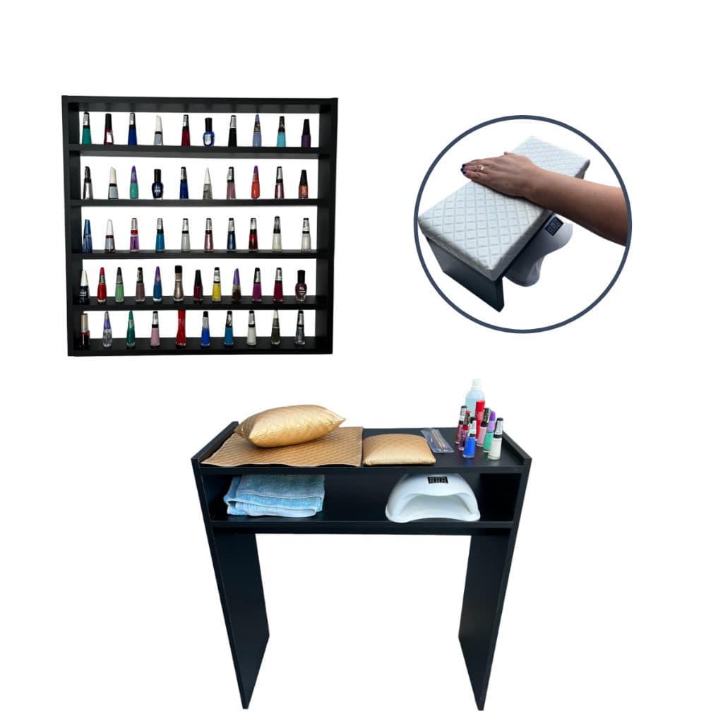 Kit Manicure Mesa Bancada + Expositor p/ 200 Esmaltes + Apoio de Mão Branco